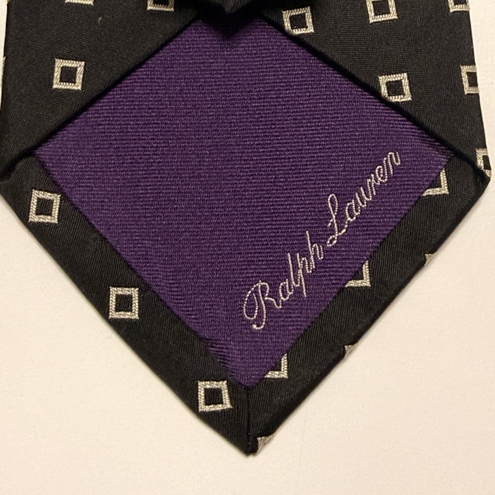 Ralph Lauren Purple Label Black Silk Tie with Silver Squares